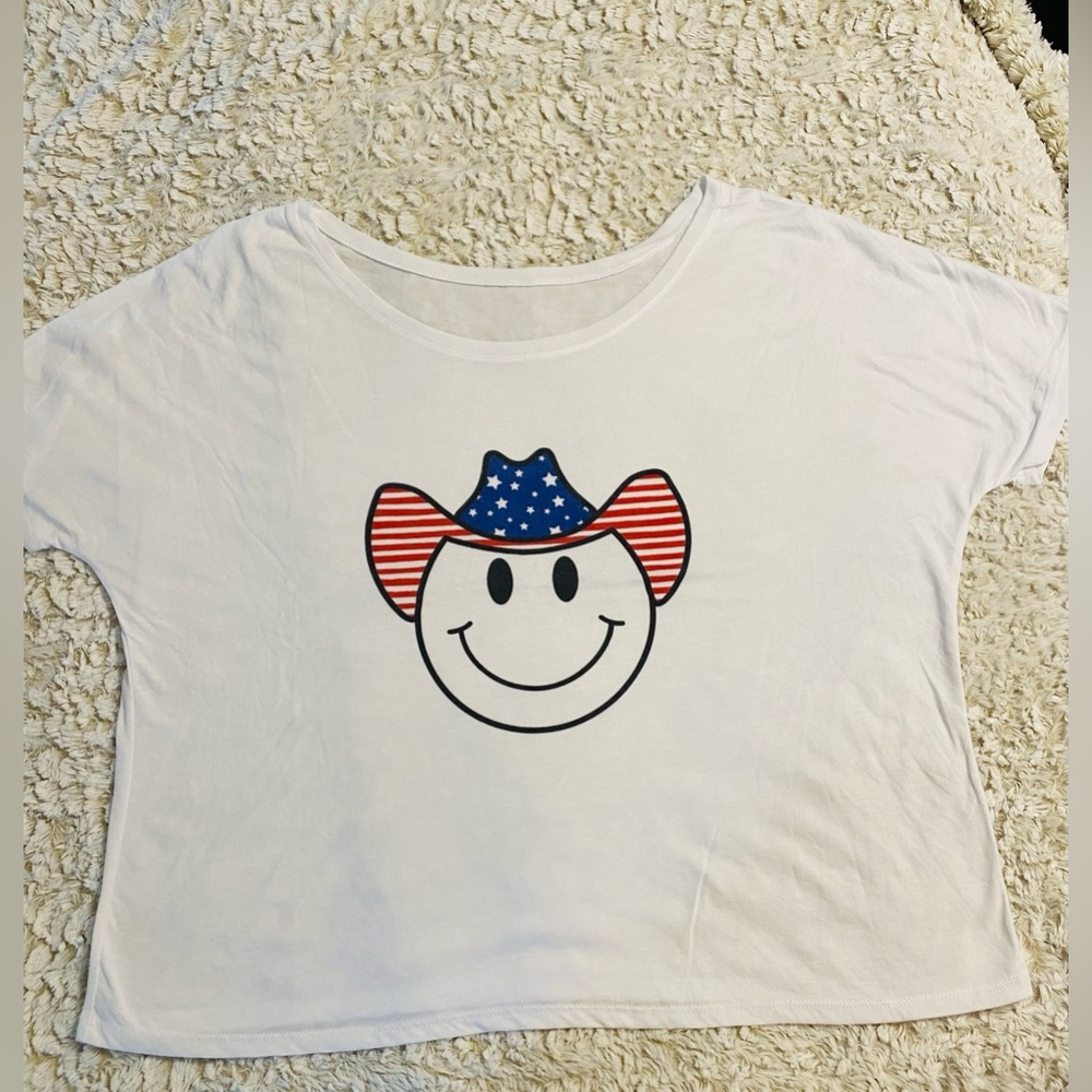 Pink Lily Oversized Boxy Americana Cowgirl Happy Face Tee